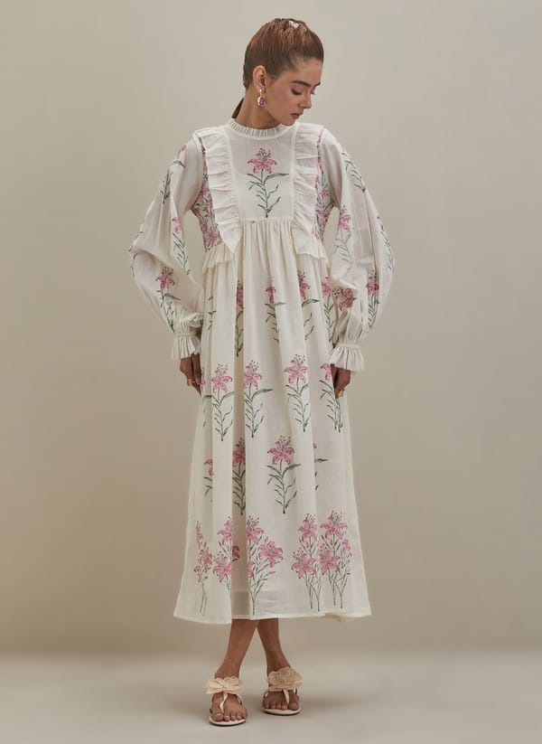 Off White Cotton Dress Block Print — Upavita