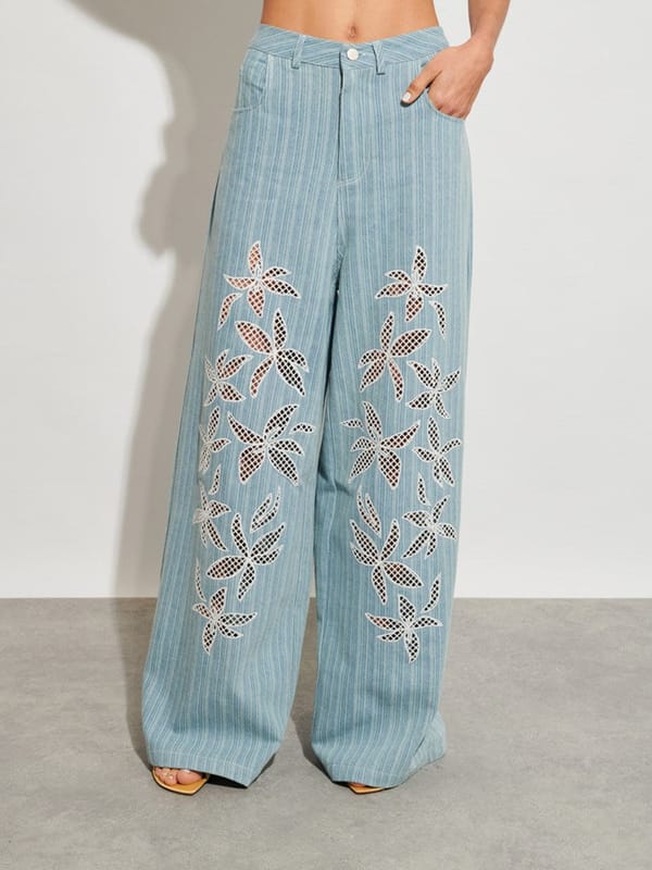 Washed Blue High-Waist Wide-Leg Cutwork Denim Jeans — SISTER JANE