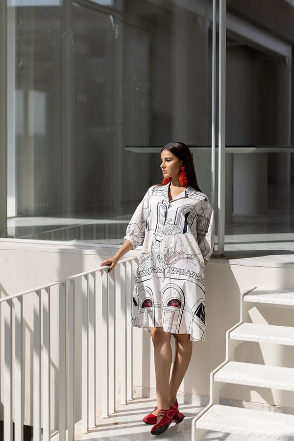 White Graphic Print Shirt Dress — Silai studio
