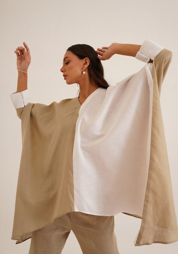 Beige and White Colorblock Kaftan Co-ord Set — AMOSHI