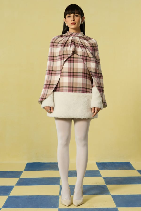Mauve Check Cape Overlay Mini Dress with Fleece Trim — BELONG