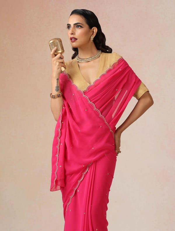 Georgette Embroidered Saree With Unstitched Blouse — Truebrowns