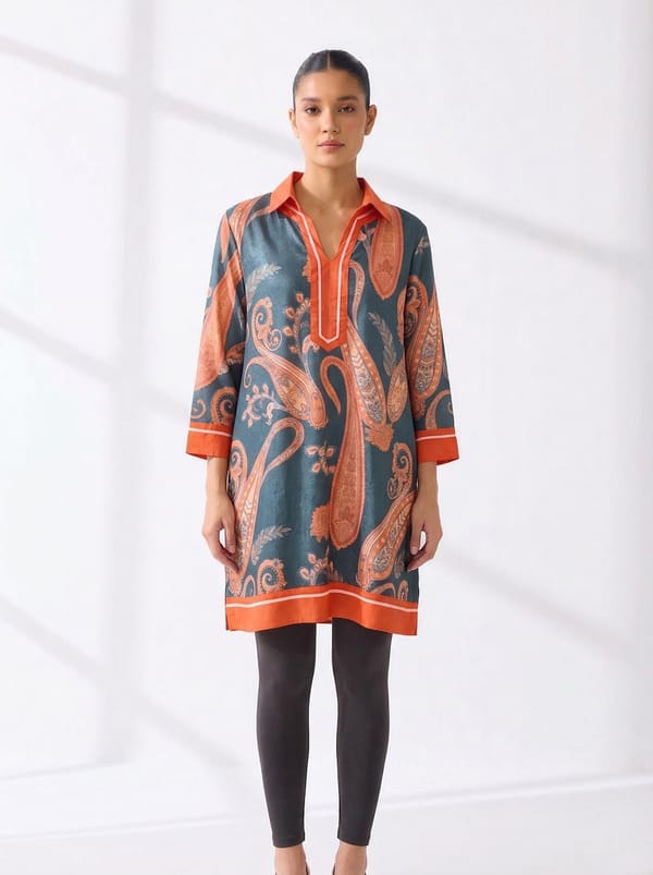 Grey Paisley Print Tunic Top with Collared V Neck — House of Soi