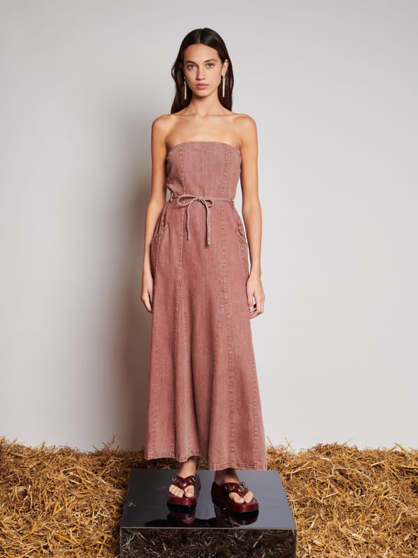 Washed Brown Denim Bandeau Fit and Flare Midi Dress — SISTER JANE