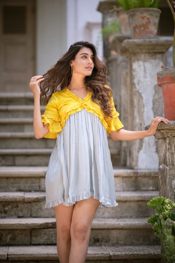 Yellow and Ice Blue Colorblocked Ruffle Smock Mini Dress — Neora