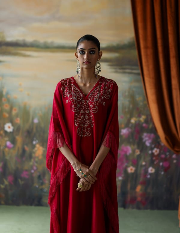 Scarlet Embroidered Silk Chanderi Kaftan Set — Shikha Mehta