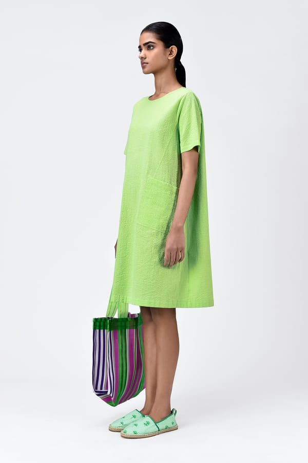 Mint Green Textured Seersucker Shift Dress with Patch Pockets — Genes Lecoanet Hemant