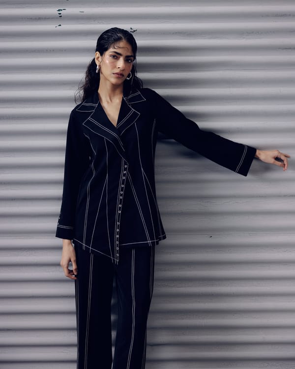Black Straight-Leg Relaxed Fit Trousers with Contrast Stitch — Veera Wear