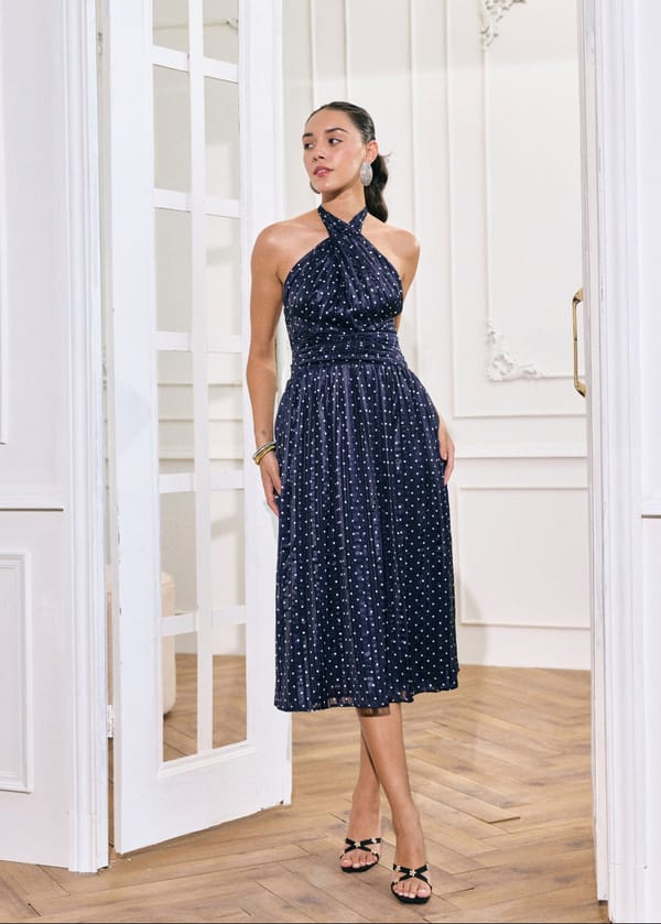 Blue Halter Neck Polka Dot Fit and Flare Midi Dress — Style Island