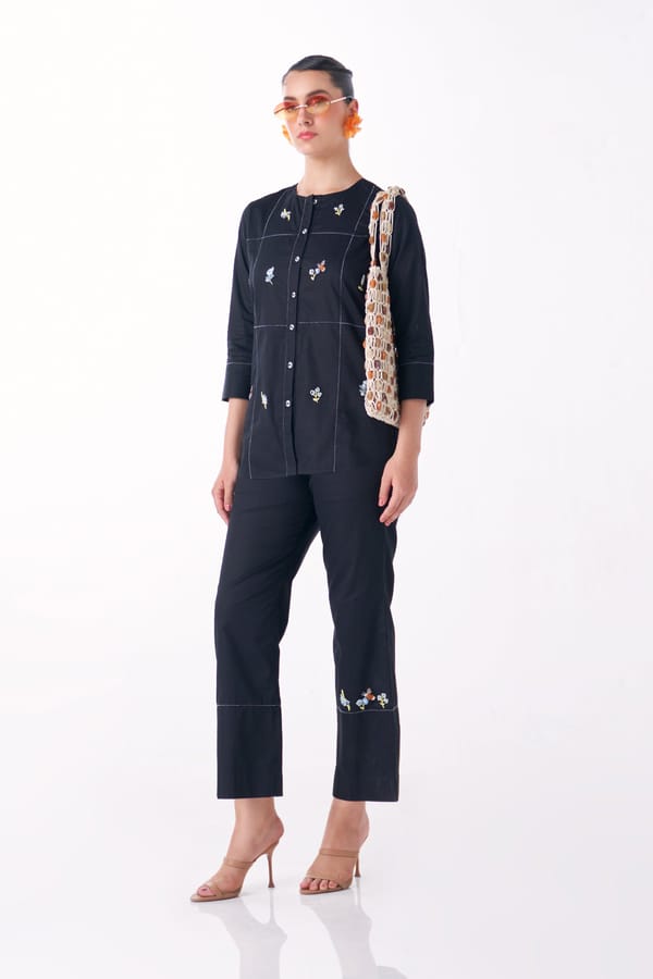 Black Cotton Satin Embroidered Shirt and Pant Co-ord Set — Our Love