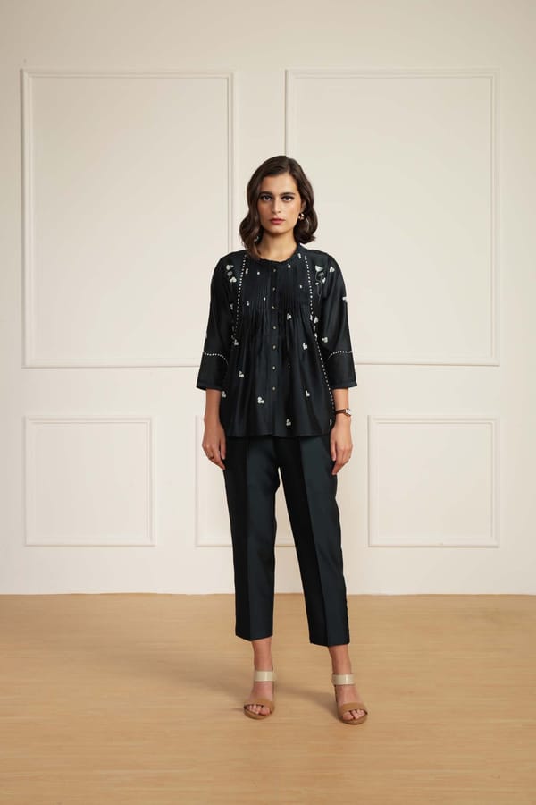 Indigo Silk Chanderi Shirt and Straight Pant Co-ord Set — Arcvsh Pallavi Singh