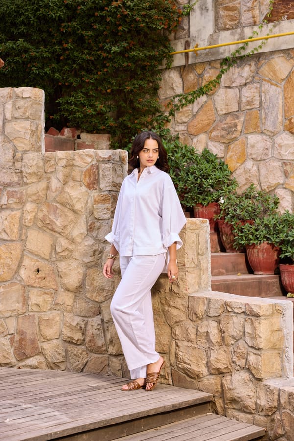 White Linen Blend Shirt and Wide-Leg Pants Co-ord Set — Eko Clothing