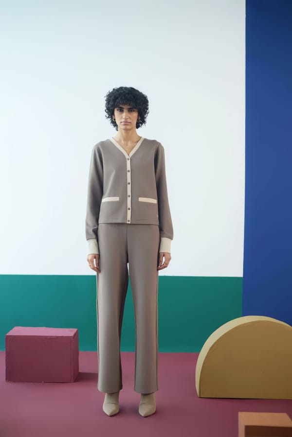 Brown Knitted Ponte Co-ord Set with Button-Front Top — Muvazo