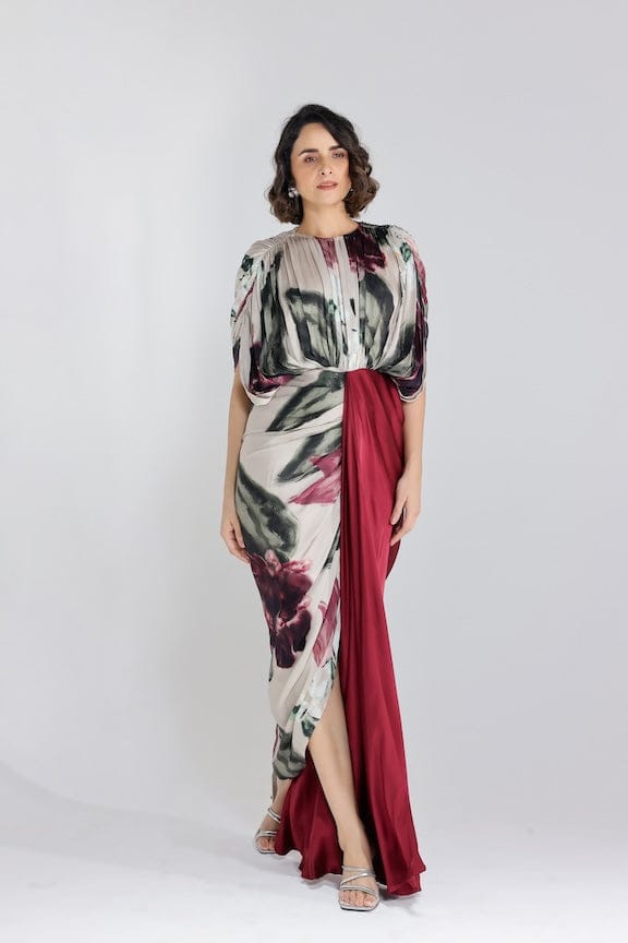 Beige Floral Draped Maxi Gown with Contrast Panel — STUDIO SURBHI