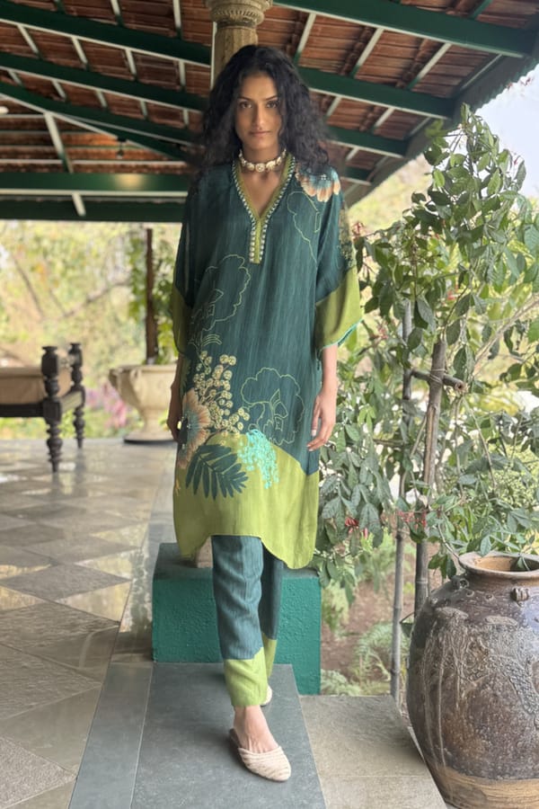 Bottle Green Printed Co-ord Set with V-Neck Top and Pants — Basil Leaf