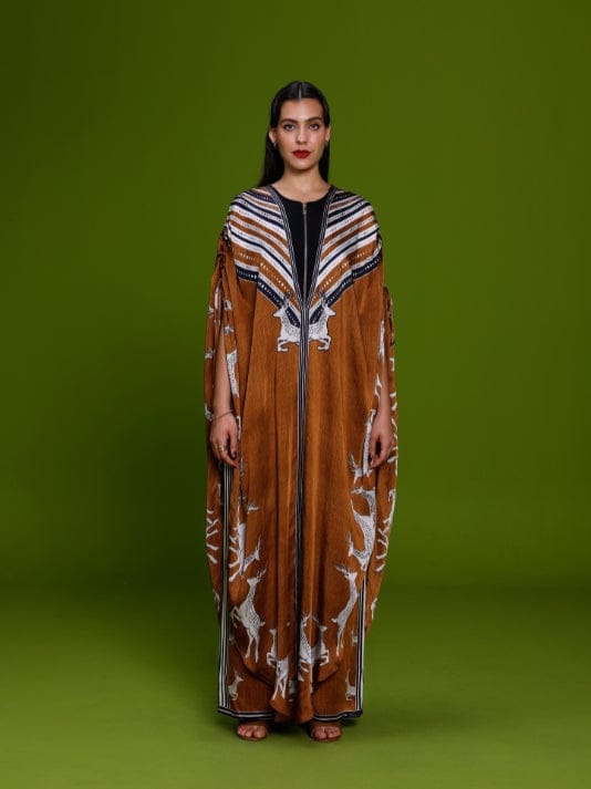 Tan Cupro Satin Printed Kaftan and Pant Co-ord Set — Kamaali Pret