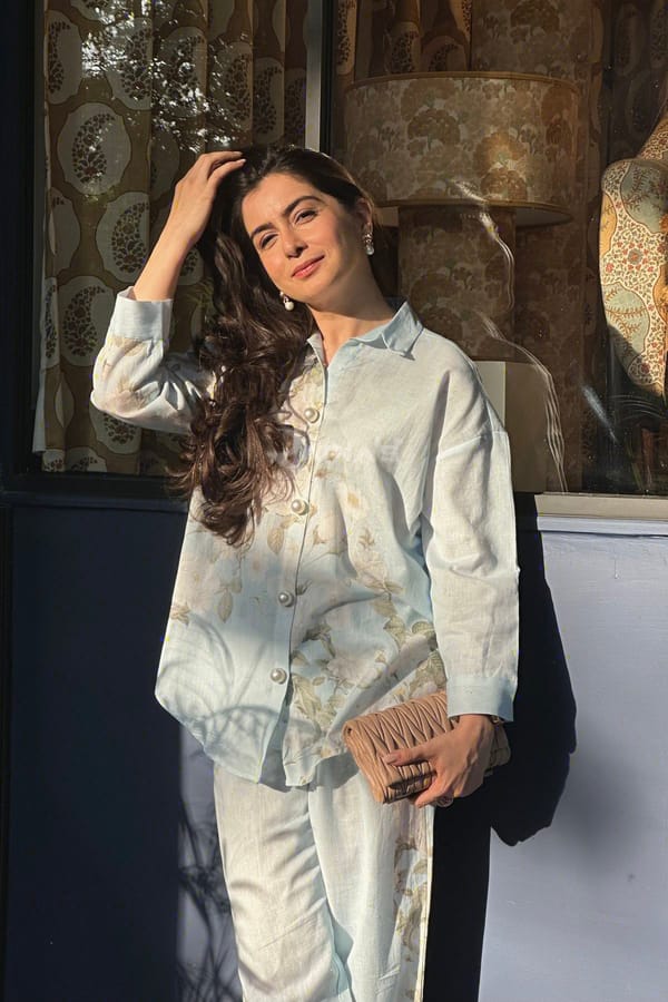 Blue Floral Shirt and Pants Co-ord Set with Scarf — Rainas