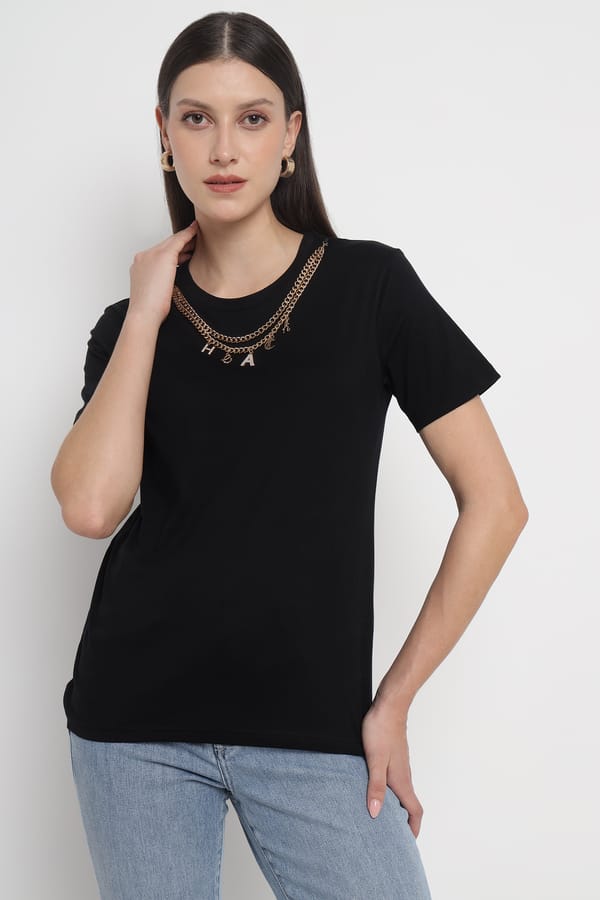 Black Crewneck T-Shirt with Chain Neckline Detail — SILVIAN HEACH