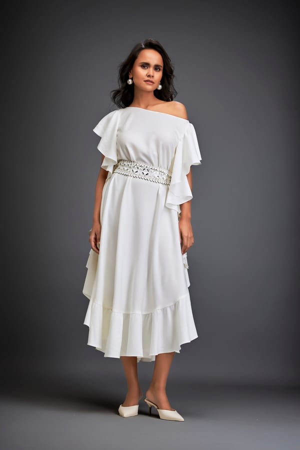 Asymmetrical Off-Shoulder Dress And Metallic Waist Belt — Deepika Arora