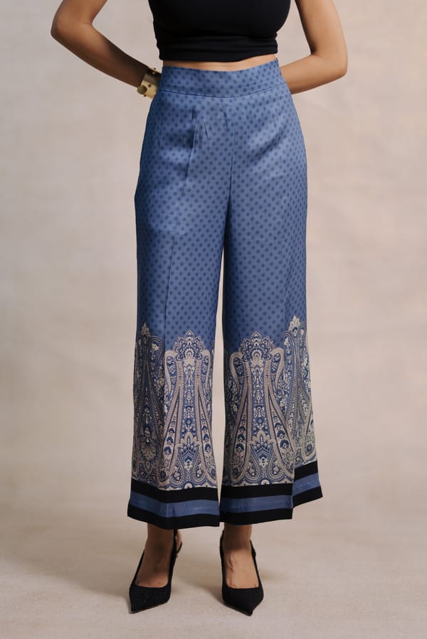 Blue Wide-Leg High-Rise Printed Trousers — Moh India