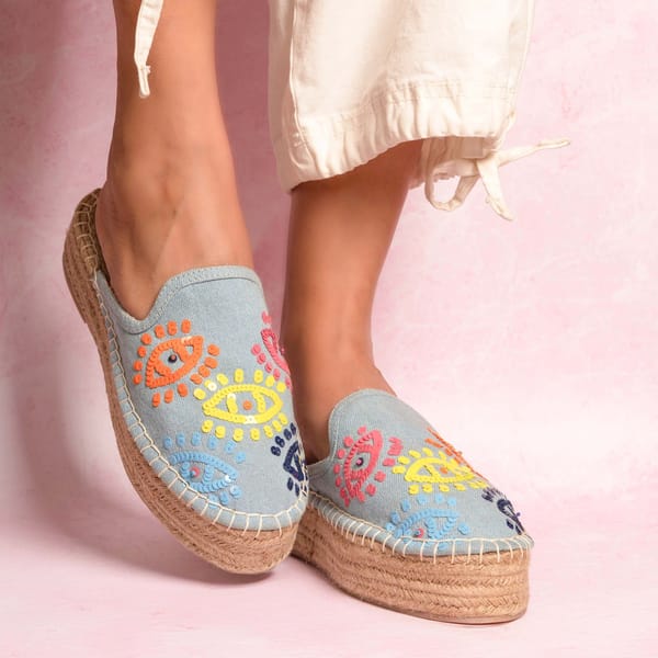 Joie Evil Eye Espadrilles Denim Platforms — PARI PARI