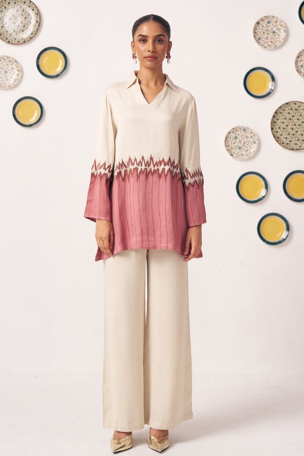 Ivory and Rose Ombre Long Tunic Top with Collar — Western Era