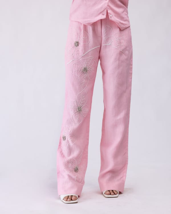 Light Pink Linen High-Waisted Embroidered Trousers — MAGIA