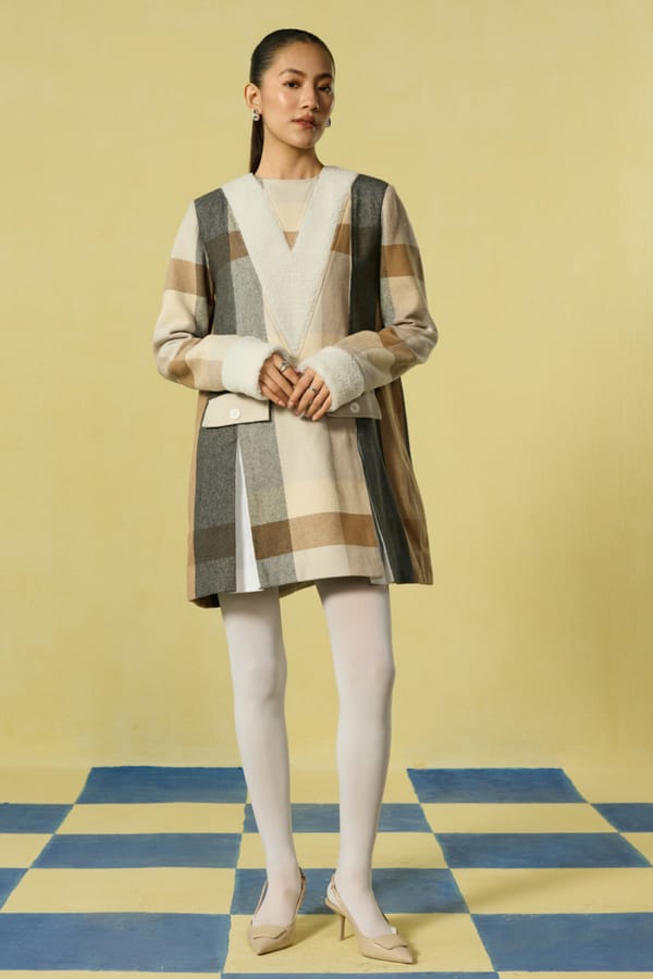 Brown/White Plaid A-Line Mini Dress with Fleece Trim — BELONG