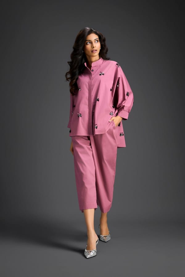Pink Butterfly Embellished Pleated Shirt & Pants Set — Deepika Arora