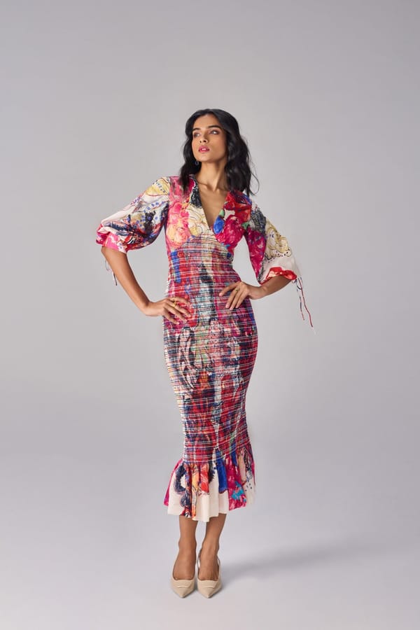 Abstract Floral Smocked Mermaid Midi Dress with Tie-Up Sleeves — Saaksha and Kinni