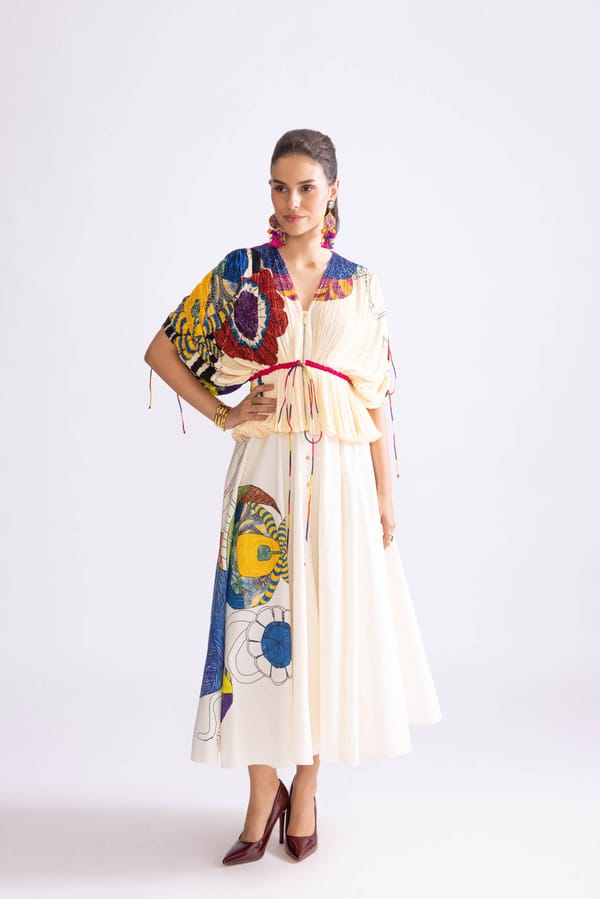 Ivory/Multi Tribal Print Micro-Pleat Kaftan Blouse — Saaksha and Kinni