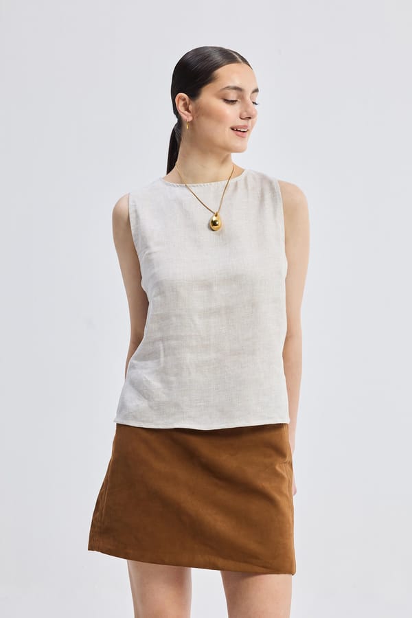Boat Neck Top in Checkered Linen — REISTOR