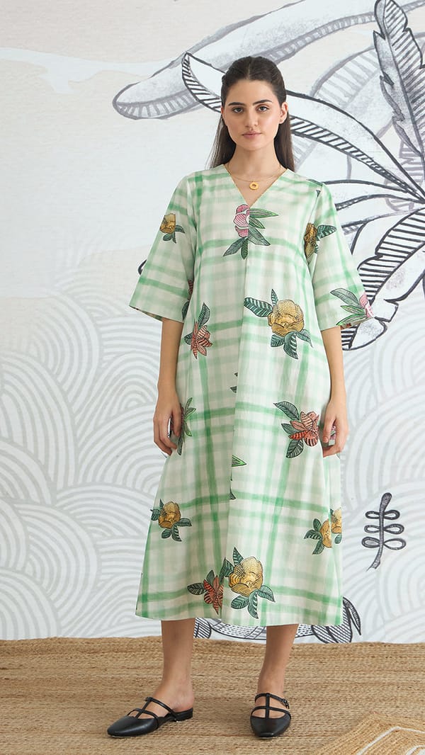 Green Check V-Neck Long Dress With Sleeves — SHIVANI BHARGAVA