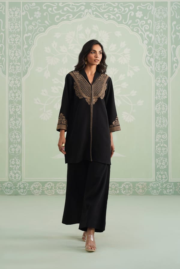 Black Embroidered Tunic and Wide-Leg Pants Co-ord Set — NEETIKA CHOPRA