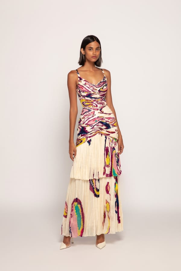 Ivory Paisley Print Pleated Tiered Maxi Dress — Saaksha and Kinni