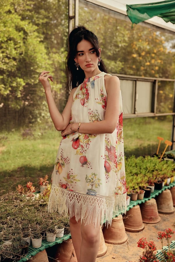 Off-White Organza Halter Mini Dress with Fruit Print — BELONG