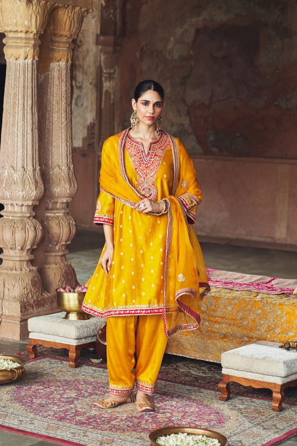 Mustard Chanderi Silk Chauga Kurta Set with Salwar — Sheetal Batra