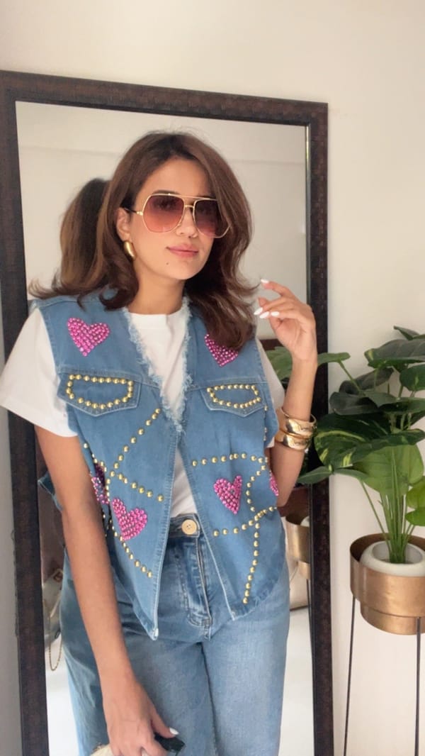 Gold Metal Pink Heart Denim Gilet — CLOSET AFFAIR