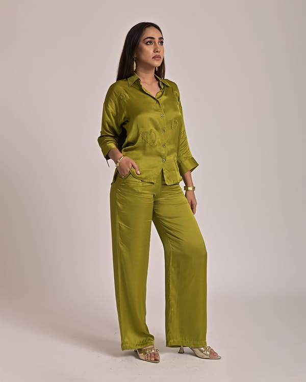 Olive Green Modal Satin Wide-Leg High-Waist Trousers — Missy Co.