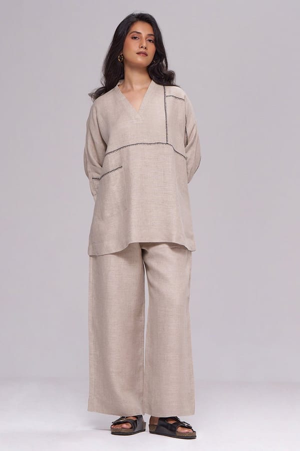 Undyed Natural Linen Co-ord Set with Contrast Stitch Detail — Ganga Fashions Pvt Ltd