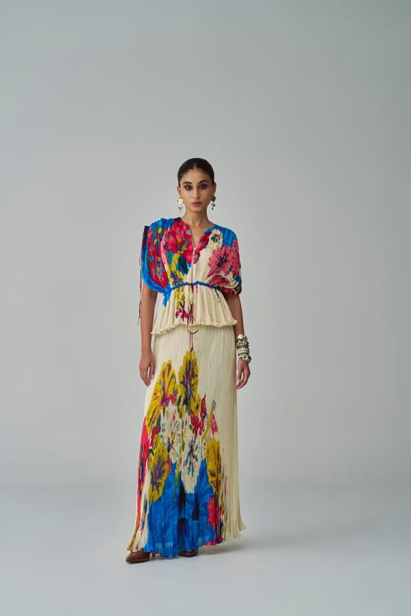 Ivory/Multi Floral Micro-Pleated Kaftan Blouse — Saaksha and Kinni