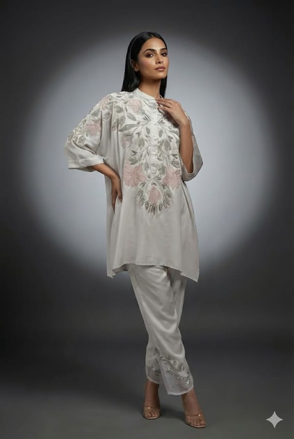 Beige Satin Embroidered Kaftan and Pant Co-ord Set — RUCHIKA MALLIKA LABEL