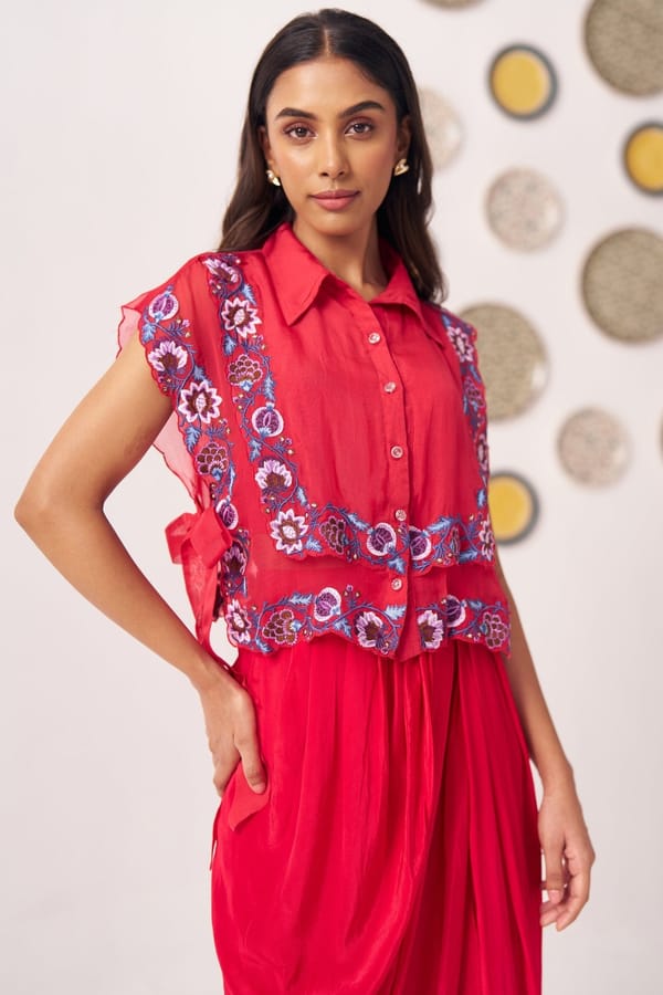 Red Sheer Embroidered Collared Crop Top with Inner Cami — Western Era