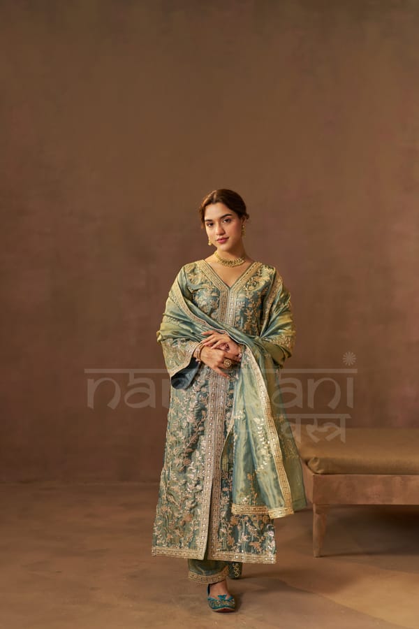 BARKHA - Sage Blue Tissue-Organza Suit Set — NARAYANI VASTRA