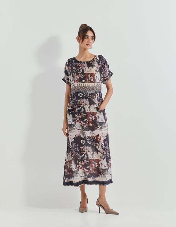 Black Printed Modal Silk Midi Dress with Pockets — Kavita Bhartia