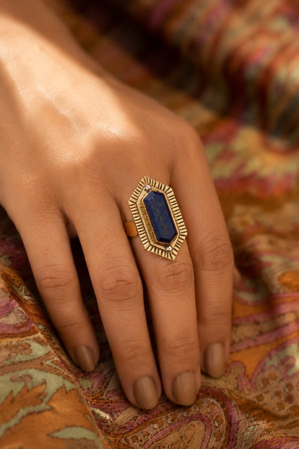 Lapis Lazuli Cocktail Brass Ring — SOUL WORKS