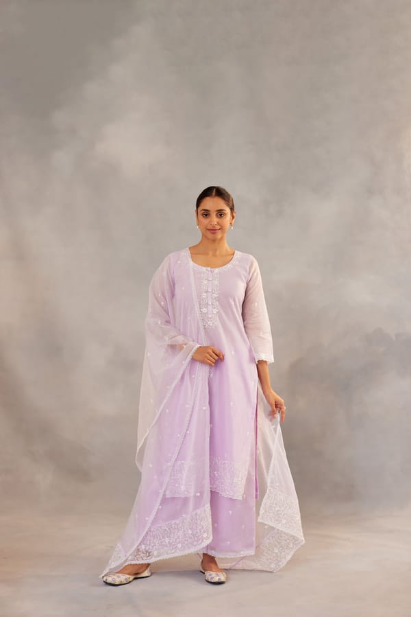 Lavender Embroidered Chanderi Suit Set with Organza Dupatta — NARAYANI VASTRA