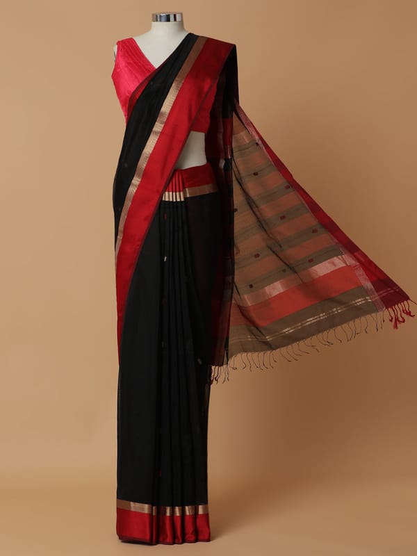 Maheshwari Cotton Silk Black Woven Butta Tyohaar — BINKS