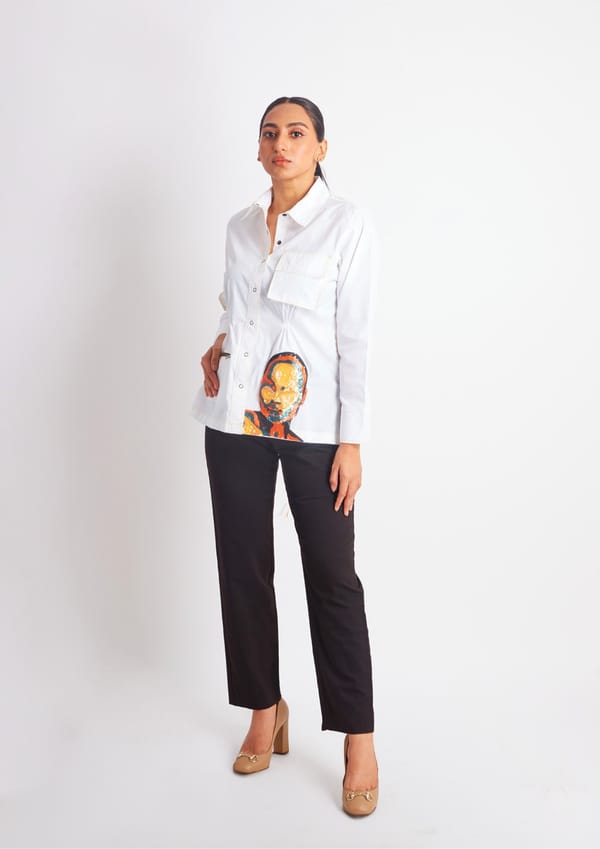 White Comfort Fit Cotton Shirt with Embroidery and Pockets — Richa Goenka