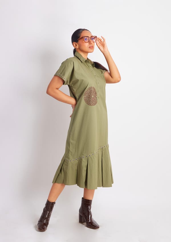 Olive One Piece Cotton Dress with Applique — Richa Goenka